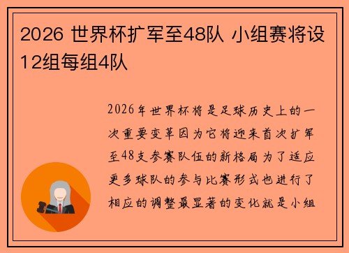 2026 世界杯扩军至48队 小组赛将设12组每组4队