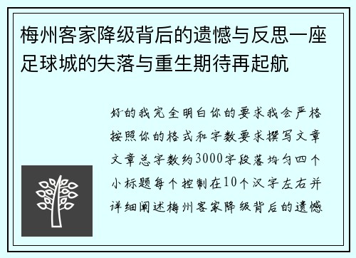 梅州客家降级背后的遗憾与反思一座足球城的失落与重生期待再起航 梅州客家降级背后的遗憾与反思一座足球城的失落与重生期待再起航